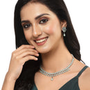 Oxidised Silver-Plated Pear Shaped Lime Green American Diamond Studded Necklace with Earrings Jewellery Set