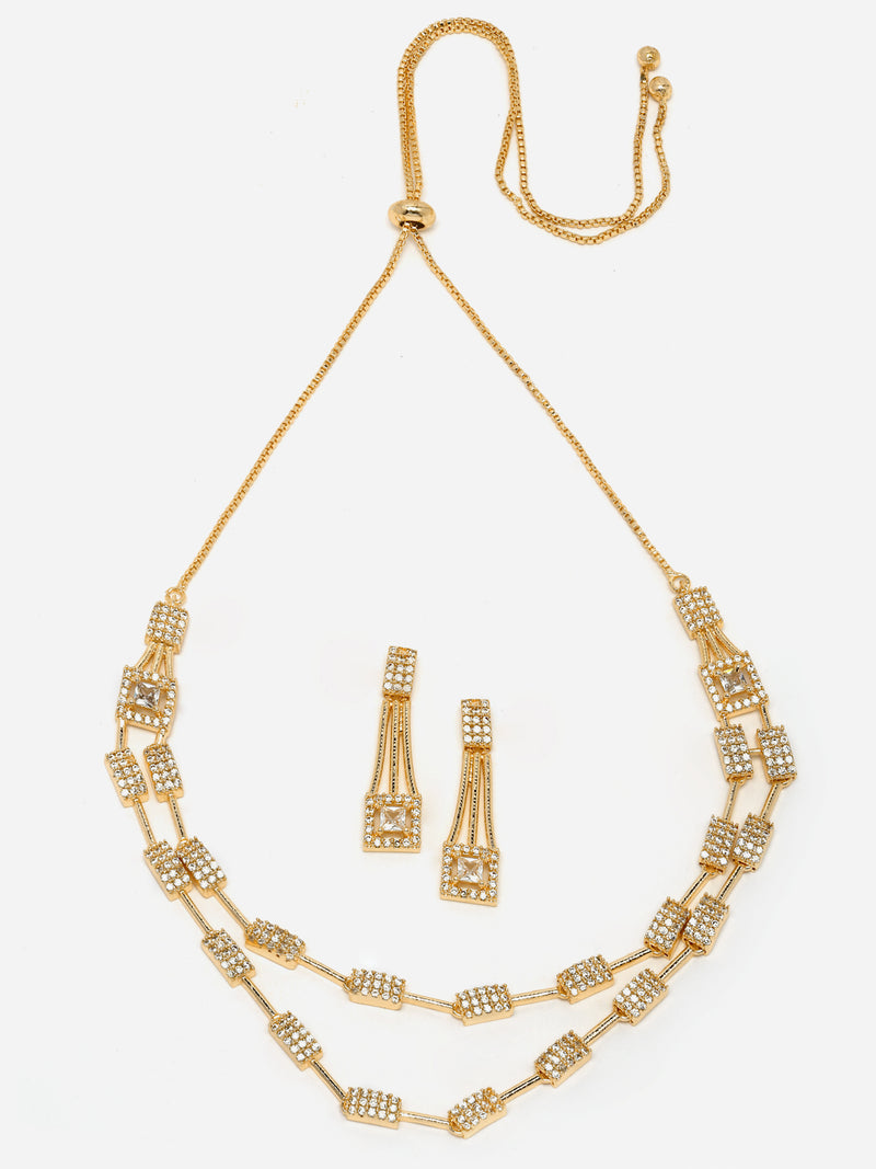 Gold-Plated White American Diamond Studded Charismatic Necklace with Earrings Jewellery Set