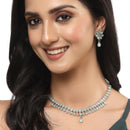Oxidised Silver-Plated Pear Shaped Lime Green American Diamond Studded Necklace with Earrings Jewellery Set