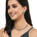Rhodium-Plated Silver Toned Green American Diamond Studded Necklace with Earrings Jewellery set