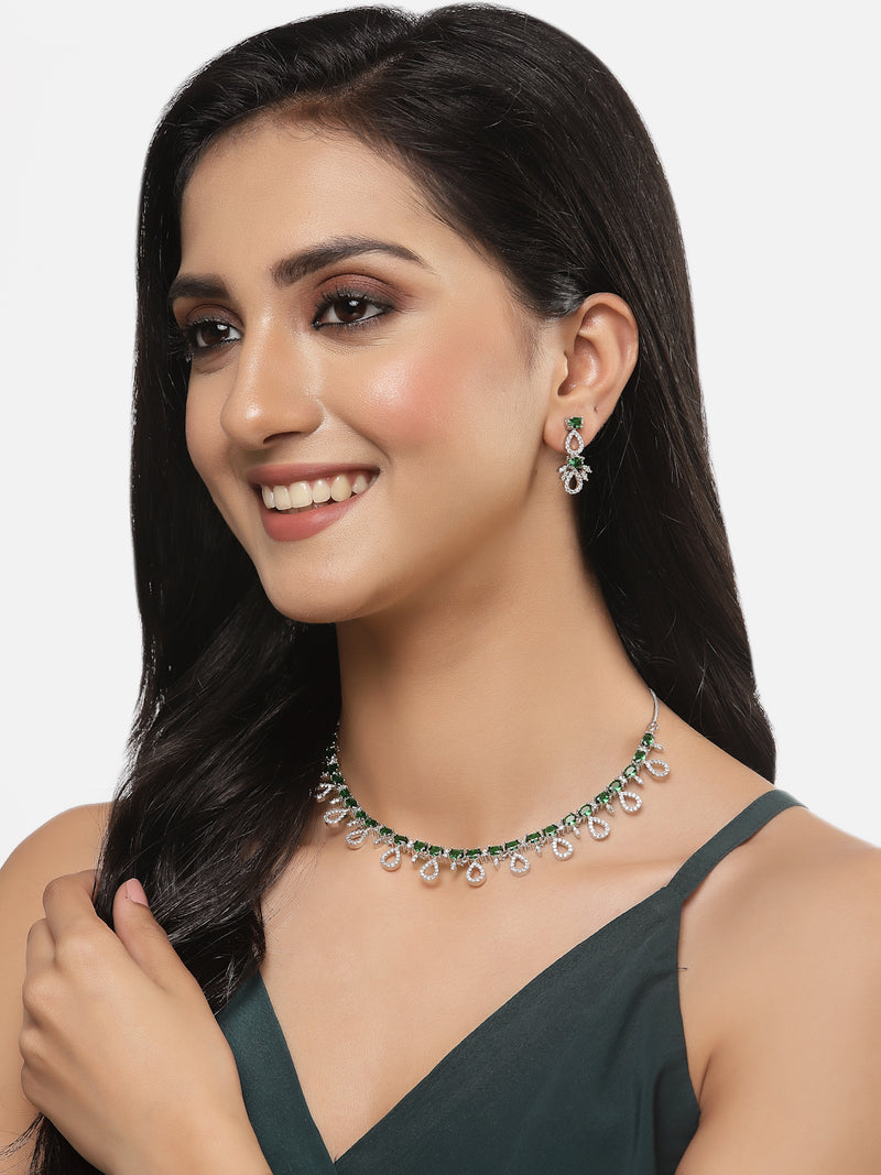 Rhodium-Plated Silver Toned Green American Diamond Studded Necklace with Earrings Jewellery set