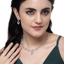 Rhodium-Plated Sea Green American Diamond Studded Heart Shaped Necklace & Earrings Jewellery Set
