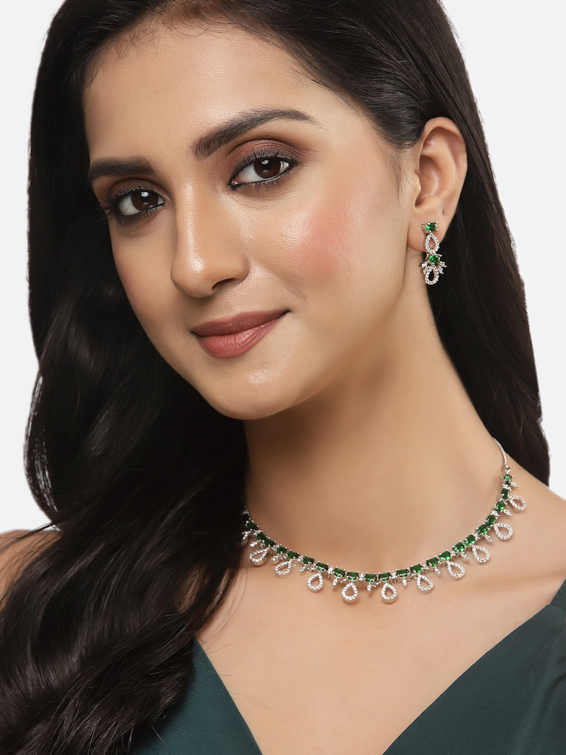 Rhodium-Plated Silver Toned Green American Diamond Studded Necklace with Earrings Jewellery set