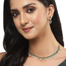 Rhodium-Plated Silver Toned Green American Diamond Studded Necklace with Earrings Jewellery set