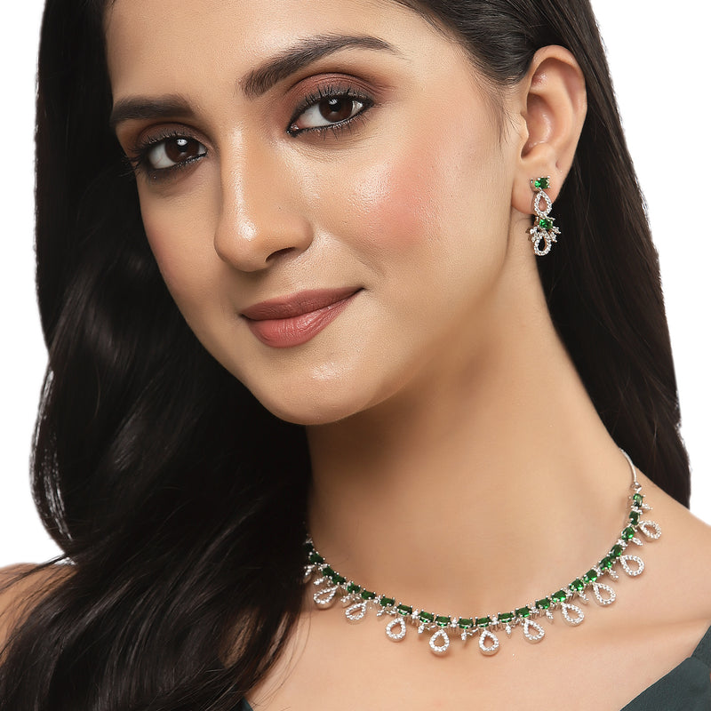 Rhodium-Plated Silver Toned Green American Diamond Studded Necklace with Earrings Jewellery set
