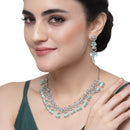 Rhodium-Plated Sea Green American Diamond Studded Teardrop & Crescent Shaped Necklace with Earrings Jewellery Set