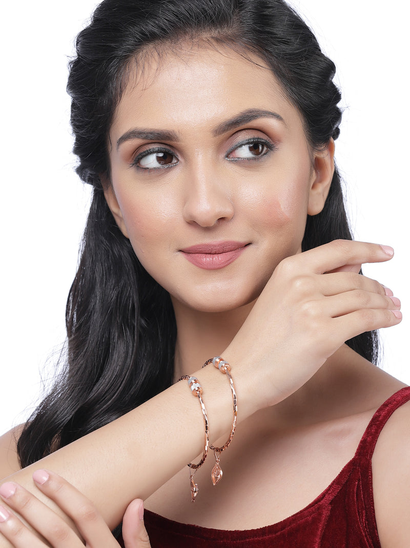 Rose Gold-Plated White American Diamond studded Leaf Tasseled Handcrafted Kada Bracelets (Set Of 2)