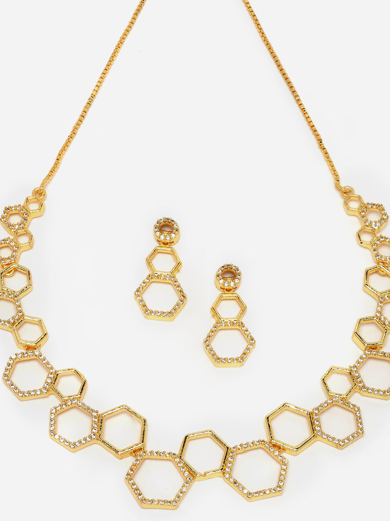 Gold-Plated White American Diamond Studded Hexagon Shaped Necklace with Earrings Jewellery Set