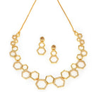 Gold-Plated White American Diamond Studded Hexagon Shaped Necklace with Earrings Jewellery Set