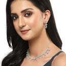 Rhodium-Plated Silver Toned Rectangle Sea Green American Diamond Studded Necklace Earrings Jewellery Set