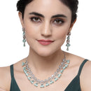 Rhodium-Plated Sea Green American Diamond Studded Teardrop & Crescent Shaped Necklace with Earrings Jewellery Set
