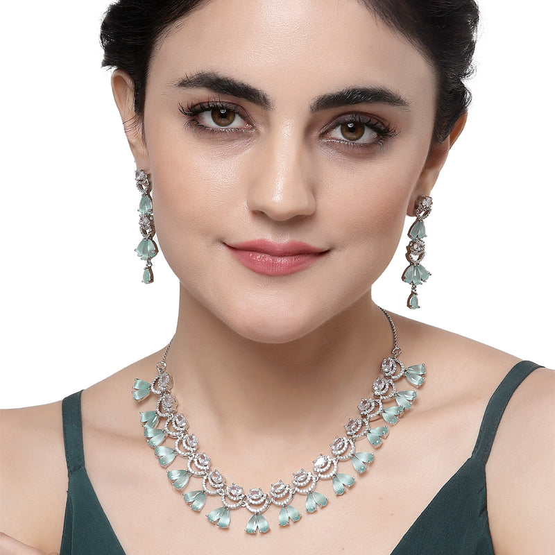 Rhodium-Plated Sea Green American Diamond Studded Teardrop & Crescent Shaped Necklace with Earrings Jewellery Set