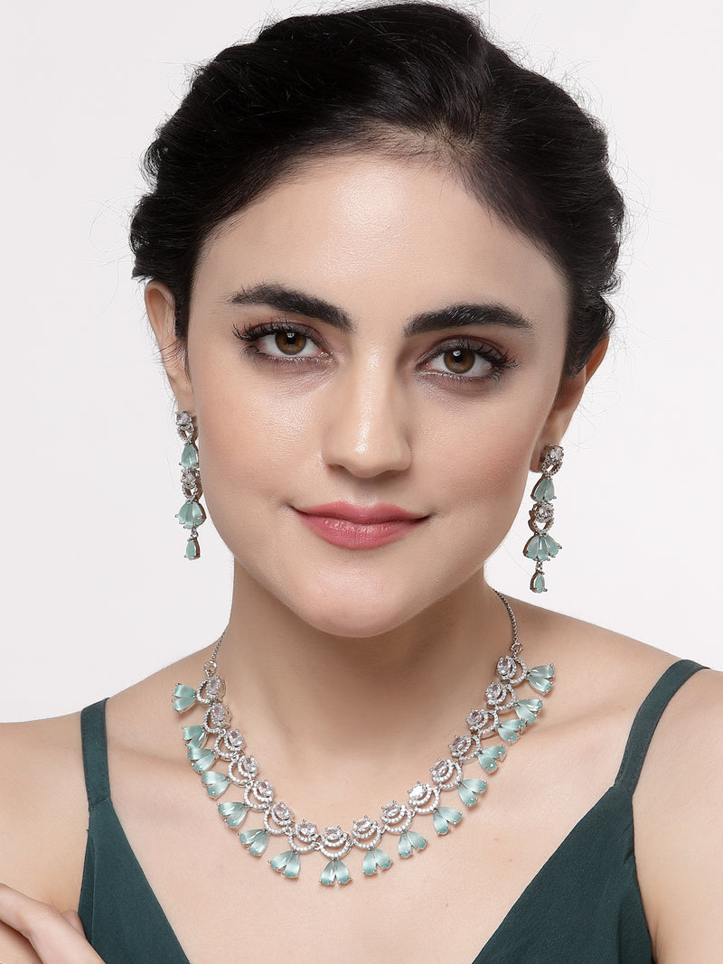 Rhodium-Plated Sea Green American Diamond Studded Teardrop & Crescent Shaped Necklace with Earrings Jewellery Set