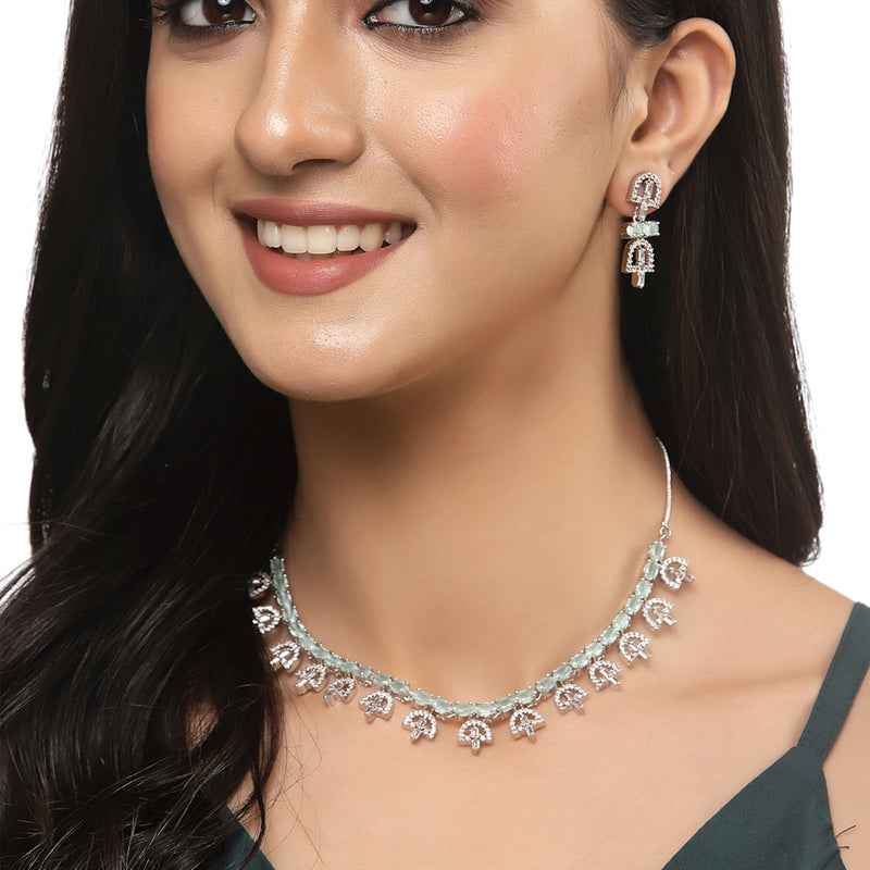 Rhodium-Plated Silver Toned Rectangle Sea Green American Diamond Studded Necklace Earrings Jewellery Set