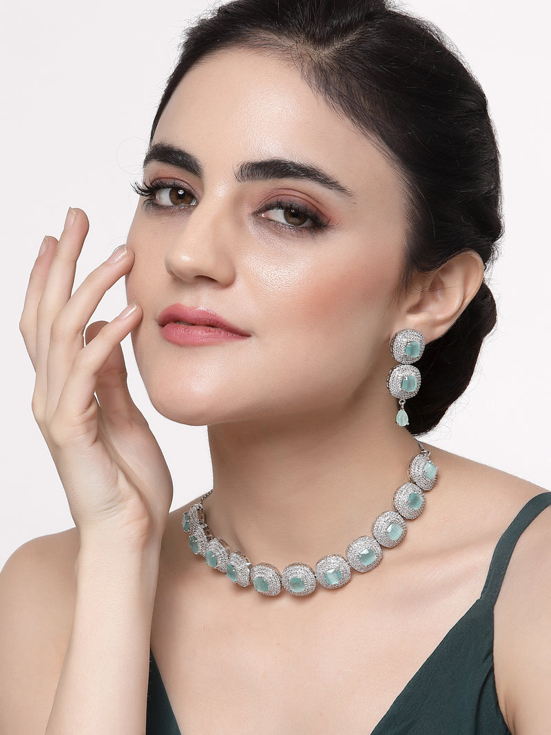 Rhodium-Plated Sea Green Cubic Zirconia Studded Necklace with Earrings Jewellery Set