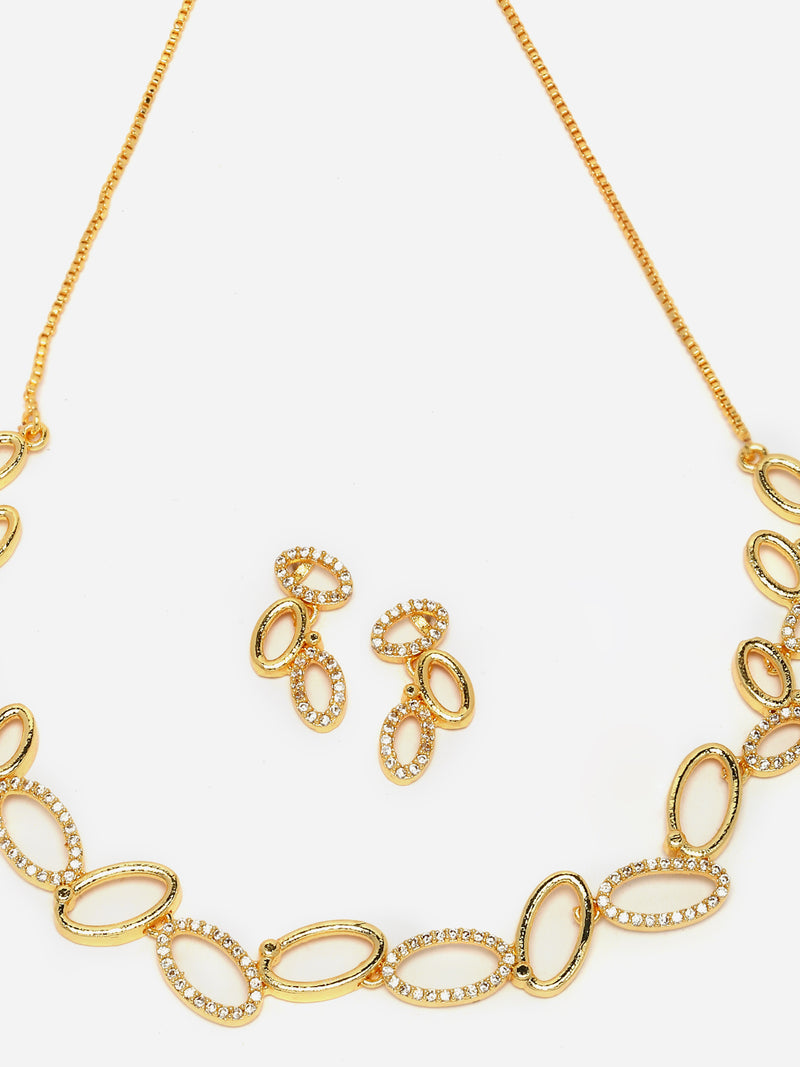 Gold-Plated White American Diamond Studded Oval Shaped Necklace with Earrings Jewellery Set