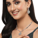 Rhodium-Plated Silver Tone Square Sea Green American Diamond Studded Necklace with Earring Jewellery Set