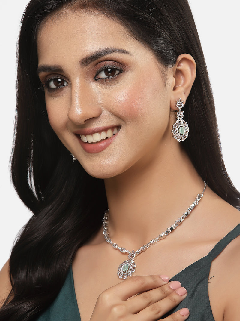 Rhodium-Plated Silver Tone Square Sea Green American Diamond Studded Necklace with Earring Jewellery Set