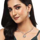 Rhodium-Plated Silver Tone Square Sea Green American Diamond Studded Necklace with Earring Jewellery Set