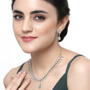 Rhodium-Plated Sea Green American Diamond Studded Floral & Teardrop Shaped Necklace & Earrings Jewellery Set