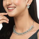 Rhodium-Plated Silver Toned Pear Sea Green American Diamond Studded Necklace Earrings Jewellery Set
