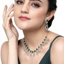 Rhodium-Plated Green American Diamond Studded Tempted Necklace & Earrings Jewellery Set
