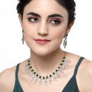 Rhodium-Plated Green American Diamond Studded Tempted Necklace & Earrings Jewellery Set