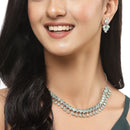 Rhodium-Plated Silver Toned Pear Sea Green American Diamond Studded Necklace Earrings Jewellery Set