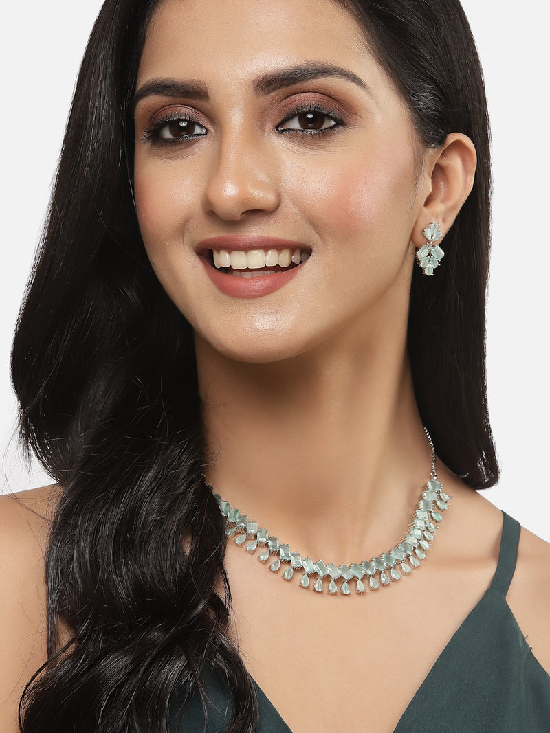 Rhodium-Plated Silver Toned Pear Sea Green American Diamond Studded Necklace Earrings Jewellery Set