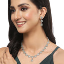 Oxidised Silver-Plated Flower Shaped Lime Green American Diamond Studded Necklace Earrings Jewellery Set