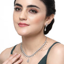 Rhodium-Plated White American Diamond Studded Floral & Teardrop Shaped Necklace & Earrings Jewellery Set