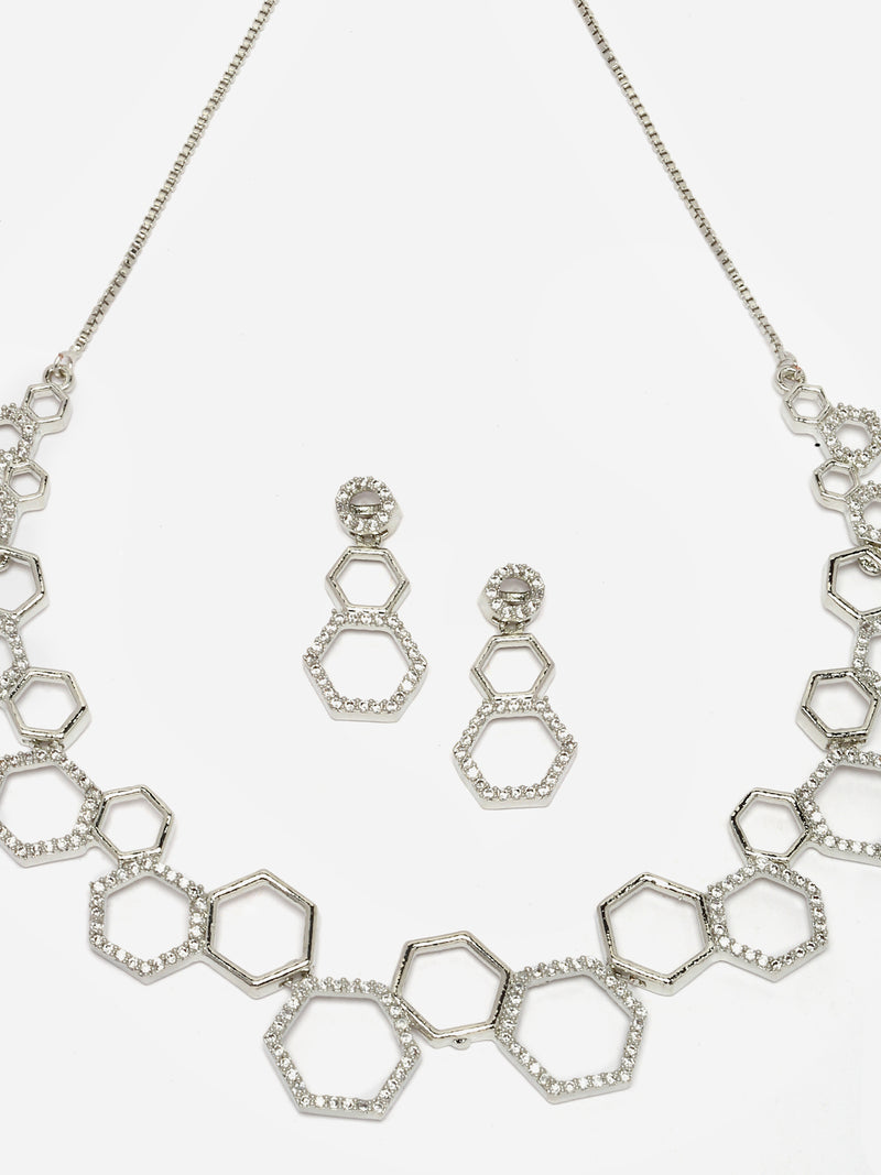 Rhodium-Plated White American Diamond Studded Hexagon Shaped Necklace with Earrings Jewellery Set