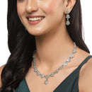 Oxidised Silver-Plated Flower Shaped Lime Green American Diamond Studded Necklace Earrings Jewellery Set