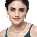 Rhodium-Plated White American Diamond Studded Floral & Teardrop Shaped Necklace & Earrings Jewellery Set