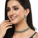 Oxidised Silver-Plated Green American Diamond Studded Multi-Strand Necklace Earrings Jewellery Set