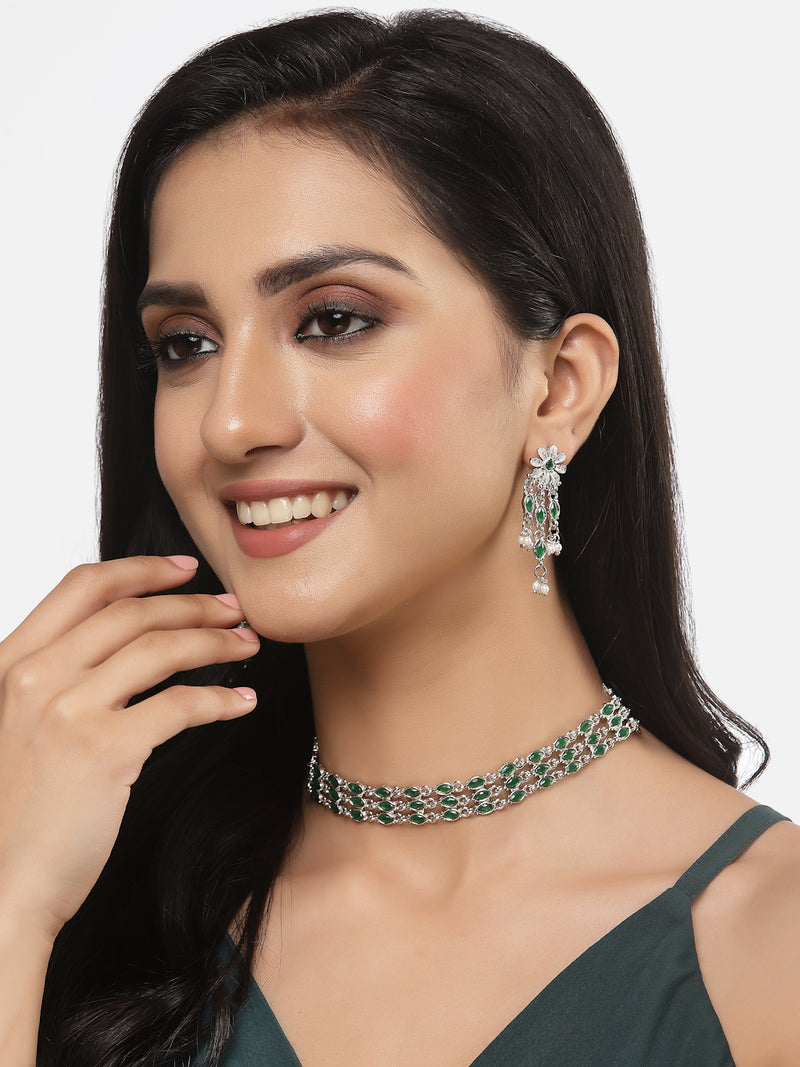 Oxidised Silver-Plated Green American Diamond Studded Multi-Strand Necklace Earrings Jewellery Set