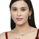 Rhodium-Plated Red American Diamonds Studded Ovate Shaped Necklace & Earrings Jewellery Set