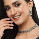 Oxidised Silver-Plated Green American Diamond Studded Multi-Strand Necklace Earrings Jewellery Set