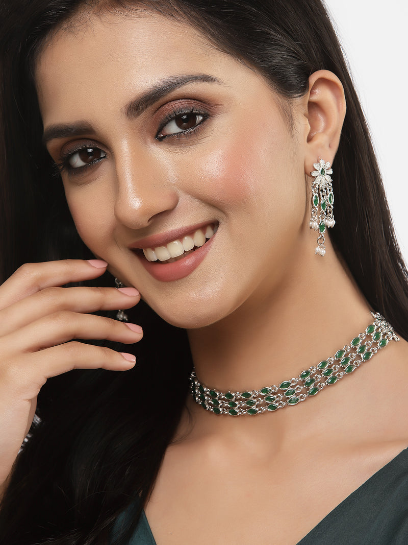 Oxidised Silver-Plated Green American Diamond Studded Multi-Strand Necklace Earrings Jewellery Set
