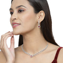 Rhodium-Plated Red American Diamonds Studded Ovate Shaped Necklace & Earrings Jewellery Set