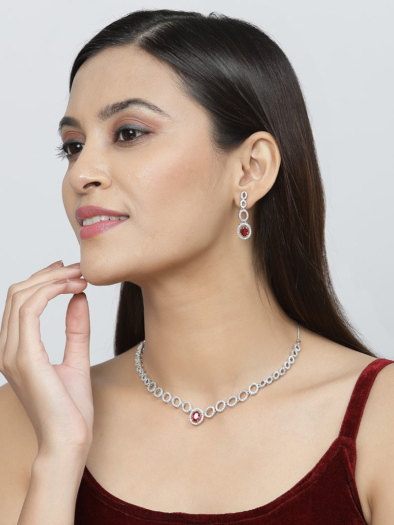 Rhodium-Plated Red American Diamonds Studded Ovate Shaped Necklace & Earrings Jewellery Set