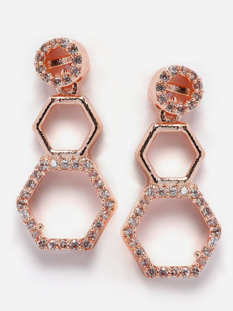 Rose Gold-Plated White American Diamond Studded Hexagon Shaped Necklace with Earrings Jewellery Set