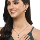 Rhodium-Plated Silver Toned Green Cubic Zirconia studded Floral Shaped Cute Pendant with Earrings