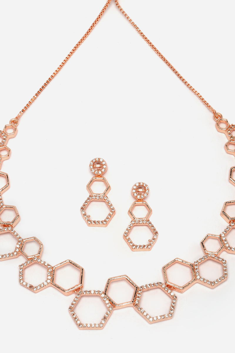 Rose Gold-Plated White American Diamond Studded Hexagon Shaped Necklace with Earrings Jewellery Set