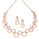 Rose Gold-Plated White American Diamond Studded Hexagon Shaped Necklace with Earrings Jewellery Set