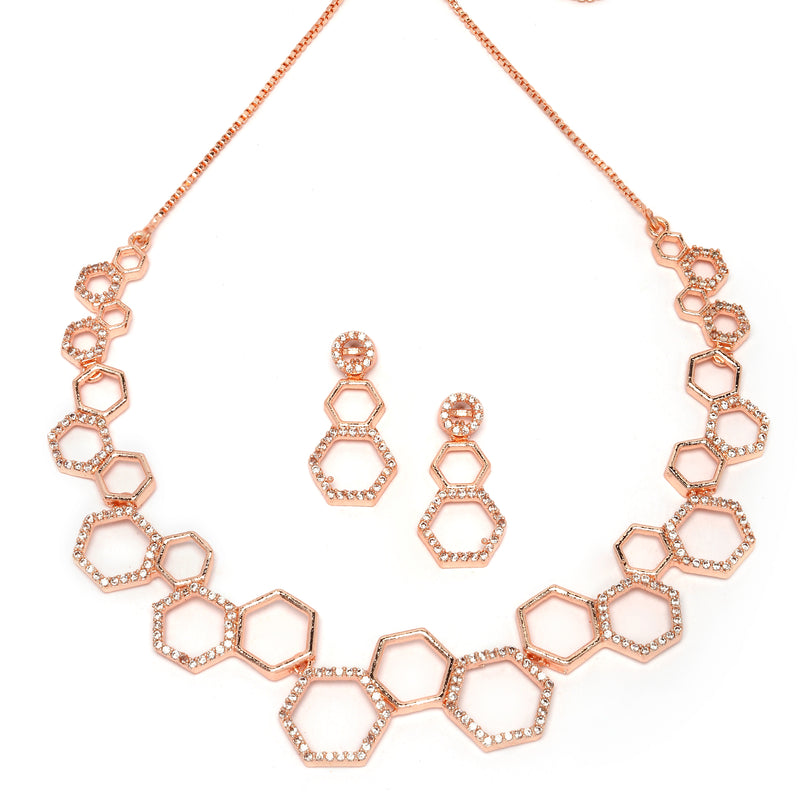 Rose Gold-Plated White American Diamond Studded Hexagon Shaped Necklace with Earrings Jewellery Set