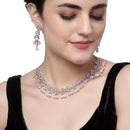 Rhodium-Plated Pink American Diamond Studded Teardrop & Crescent Shaped Necklace with Earrings Jewellery Set