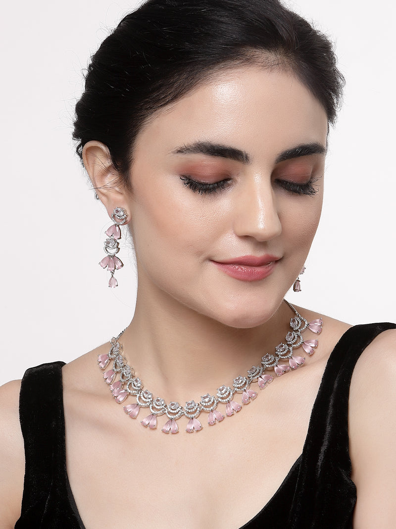 Rhodium-Plated Pink American Diamond Studded Teardrop & Crescent Shaped Necklace with Earrings Jewellery Set