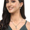 Rhodium-Plated Silver Toned Green Cubic Zirconia studded Floral Shaped Cute Pendant with Earrings