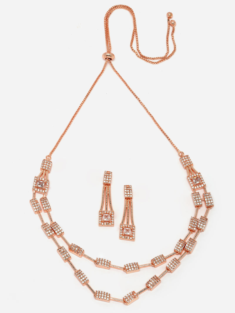 Rose Gold-Plated White American Diamond Studded Charismatic Necklace with Earrings Jewellery Set